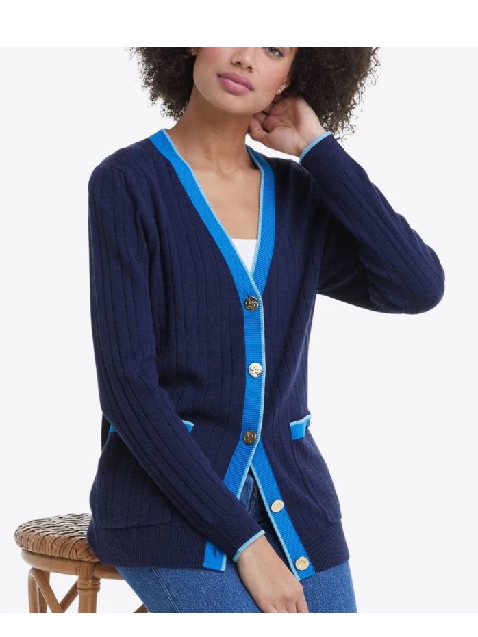 Draper James Cassadee Cardigan In Blue With Gold Buttons With Cashmere Blend